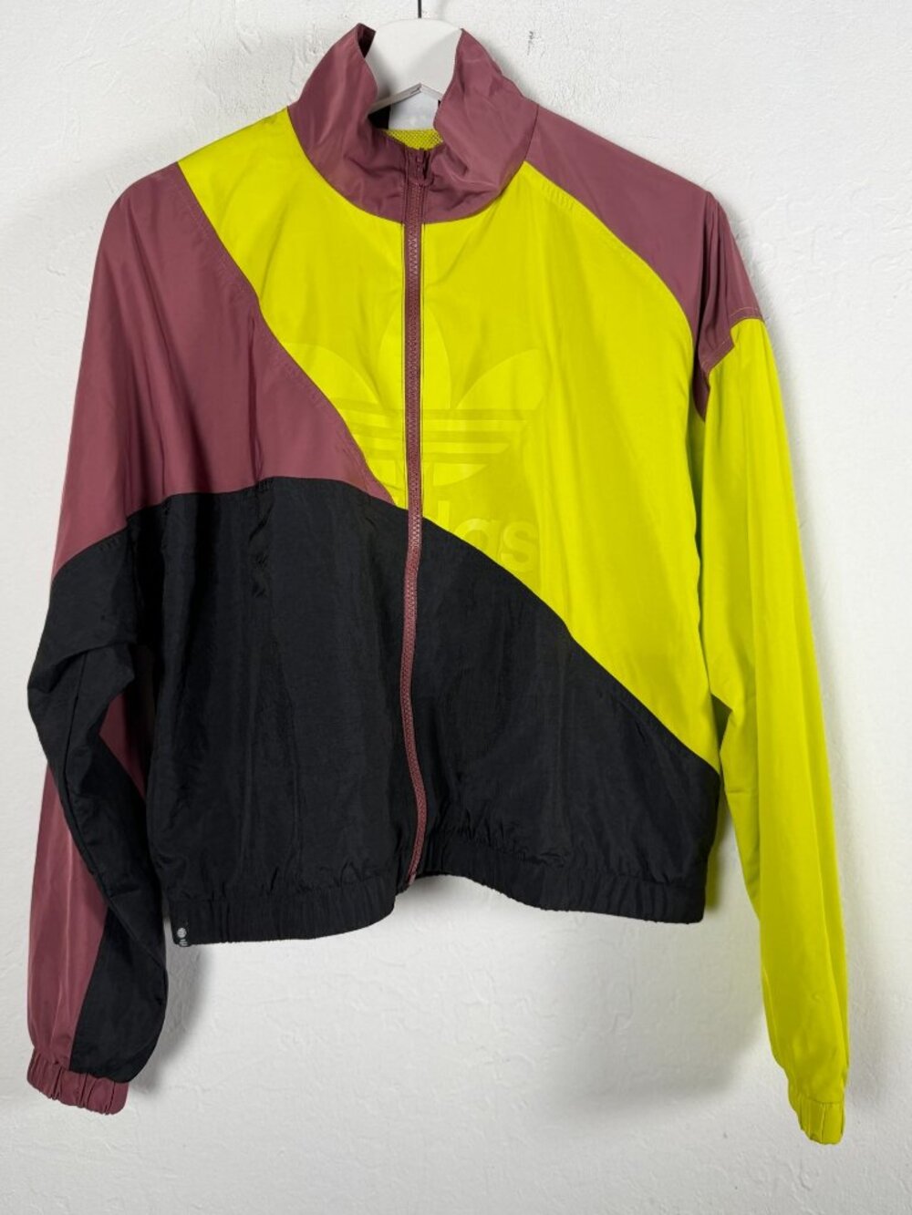 Adidas Jacket Women's Colorblock Windbreaker Cropped Zip Up Neon Yellow Medium